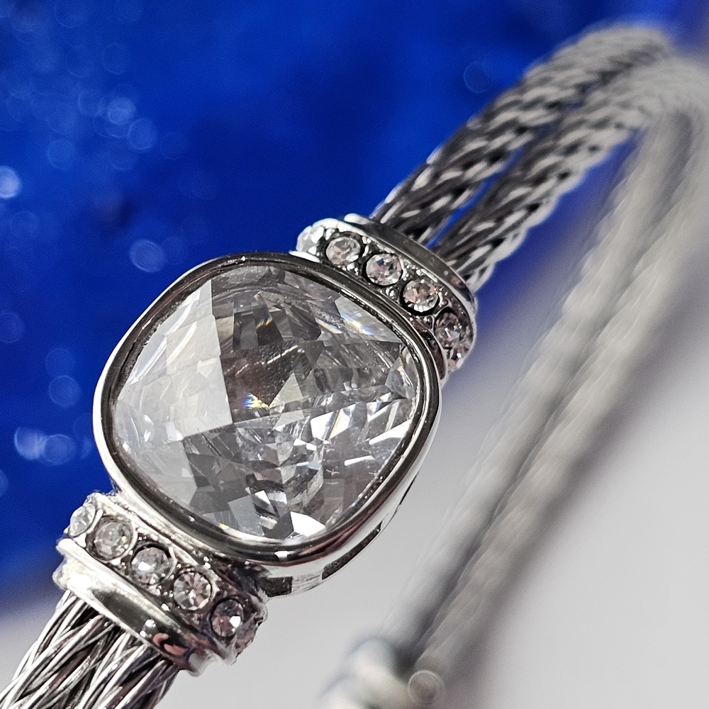 Jacmel Mauritius Stainless Steel Cable Bracelet JCM.  Cushion Cut CZ Bangle